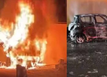 സിപിഎം നേതാവും കുടുംബവും രക്ഷപ്പെട്ടു സഞ്ചരിച്ചിരുന്ന കാർ ഓടിക്കൊണ്ടിരിക്കെ തീപിടിച്ചു ; പിന്നാലെ കാർ അഗ്നിക്കിരയായി