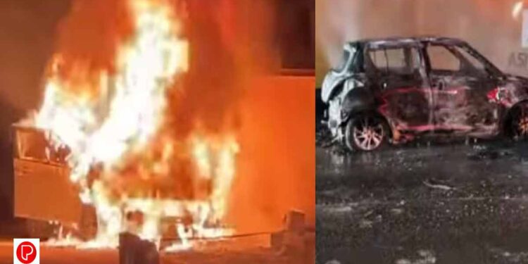 സിപിഎം നേതാവും കുടുംബവും രക്ഷപ്പെട്ടു സഞ്ചരിച്ചിരുന്ന കാർ ഓടിക്കൊണ്ടിരിക്കെ തീപിടിച്ചു ; പിന്നാലെ കാർ അഗ്നിക്കിരയായി