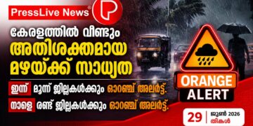 കേരളത്തിൽ വീണ്ടും അതിശക്തമായ മഴയ്ക്ക് സാധ്യത; ഇന്ന് മൂന്ന് ജില്ലകൾക്കും നാളെ രണ്ട് ജില്ലകൾക്കും ഓറഞ്ച് അലർട്ട്.