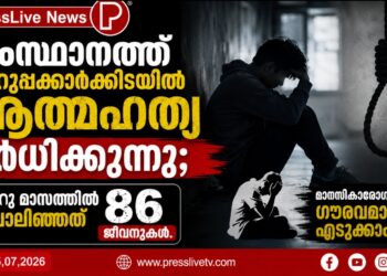 സംസ്ഥാനത്ത് ചെറുപ്പക്കാർക്കിടയിൽ ആത്മഹത്യ വർധിക്കുന്നു; ആറു മാസത്തിൽ പൊലിഞ്ഞത് 86 ജീവനുകൾ.