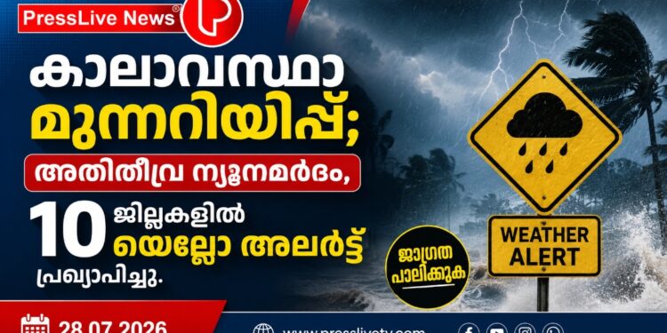 കാലാവസ്ഥാ മുന്നറിയിപ്പ്; അതിതീവ്ര ന്യൂനമർദം, 10 ജില്ലകളിൽ യെല്ലോ അലർട്ട് പ്രഖ്യാപിച്ചു.