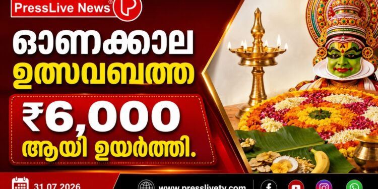 ഓണക്കാല ഉത്സവബത്ത ₹6,000 ആയി ഉയർത്തി.