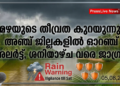 മഴയുടെ തീവ്രത കുറയുന്നു; അഞ്ച് ജില്ലകളിൽ ഓറഞ്ച് അലർട്ട്, ശനിയാഴ്ച വരെ ജാഗ്രത.