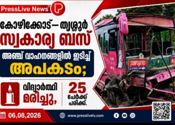 കോഴിക്കോട്–തൃശ്ശൂർ സ്വകാര്യ ബസ് അഞ്ച് വാഹനങ്ങളിൽ ഇടിച്ച് അപകടം; വിദ്യാർഥി മരിച്ചു, 25 പേർക്ക് പരിക്ക്.