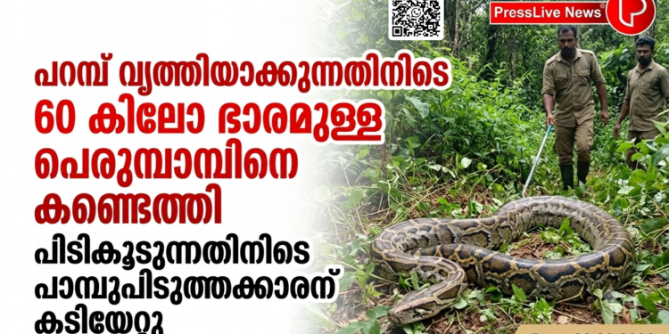 പറമ്പ് വൃത്തിയാക്കുന്നതിനിടെ 60 കിലോ ഭാരമുള്ള പെരുമ്പാമ്പിനെ കണ്ടെത്തി; പിടികൂടുന്നതിനിടെ പാമ്പുപിടുത്തക്കാരന് കടിയേറ്റു.