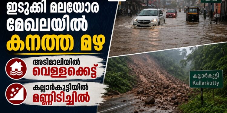 ഇടുക്കി മലയോര മേഖലയിൽ കനത്ത മഴ; അടിമാലിയിൽ വെള്ളക്കെട്ട്, കല്ലാർകുട്ടിയിൽ മണ്ണിടിച്ചിൽ.