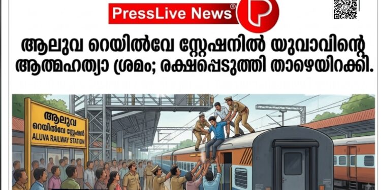 ആലുവ റെയിൽവേ സ്റ്റേഷനിൽ യുവാവിന്റെ ആത്മഹത്യാ ശ്രമം; രക്ഷപ്പെടുത്തി താഴെയിറക്കി.