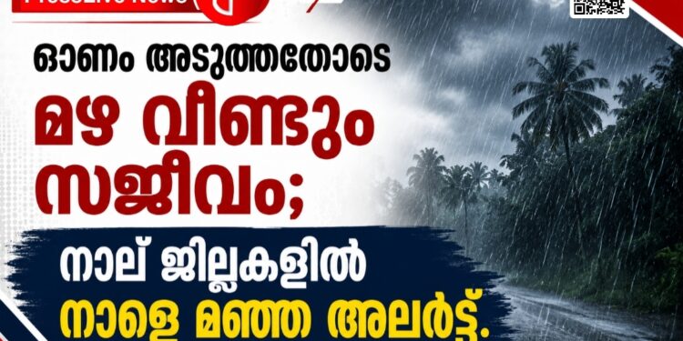 ഓണം അടുത്തതോടെ മഴ വീണ്ടും സജീവം; നാല് ജില്ലകളിൽ നാളെ മഞ്ഞ അലർട്ട്.