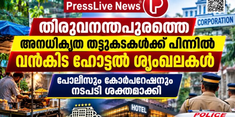 തിരുവനന്തപുരത്തെ അനധികൃത തട്ടുകടകൾക്ക് പിന്നിൽ വൻകിട ഹോട്ടൽ ശൃംഖലകൾ; പോലീസും കോർപറേഷനും നടപടി ശക്തമാക്കി.