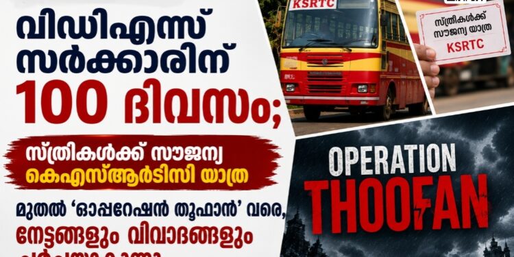 വിഡിഎസ് സർക്കാരിന് 100 ദിവസം; സ്ത്രീകൾക്ക് സൗജന്യ കെഎസ്ആർടിസി യാത്ര മുതൽ ‘ഓപ്പറേഷൻ തൂഫാൻ’ വരെ, നേട്ടങ്ങളും വിവാദങ്ങളും ചർച്ചയാകുന്നു.