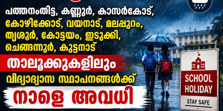 പത്തനംതിട്ട, കണ്ണൂർ, കാസർകോട്, കോഴിക്കോട്, വയനാട്, മലപ്പുറം, തൃശൂർ,കോട്ടയം , ഇടുക്കി,ചെങ്ങന്നൂർ , കുട്ടനാട് താലൂക്കുകളിലും വിദ്യാഭ്യാസ സ്ഥാപനങ്ങള്ക്ക് നാളെ അവധി