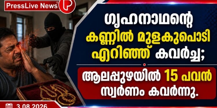 ഗൃഹനാഥന്റെ കണ്ണിൽ മുളകുപൊടി എറിഞ്ഞ് കവർച്ച; ആലപ്പുഴയിൽ 15 പവൻ സ്വർണം കവർന്നു.
