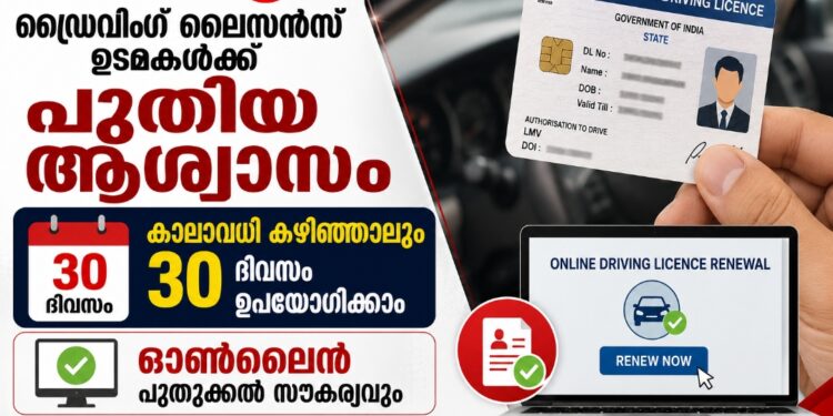 ഡ്രൈവിങ് ലൈസൻസ് ഉടമകൾക്ക് പുതിയ ആശ്വാസം; കാലാവധി കഴിഞ്ഞാലും 30 ദിവസം ഉപയോഗിക്കാം, ഓൺലൈൻ പുതുക്കൽ സൗകര്യവും.