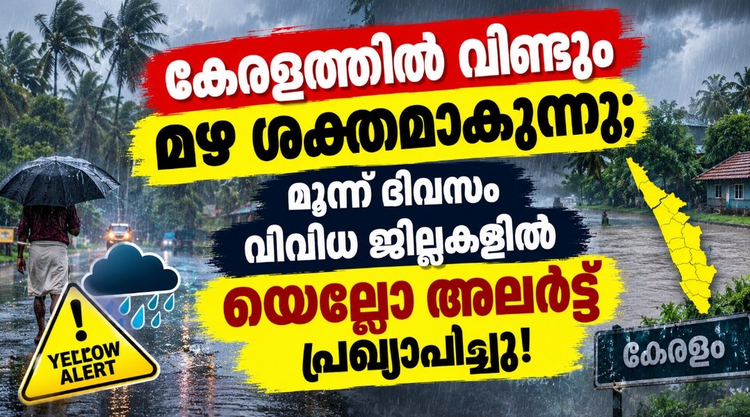 കേരളത്തിൽ വീണ്ടും മഴ ശക്തമാകുന്നു; മൂന്ന് ദിവസം വിവിധ ജില്ലകളിൽ യെല്ലോ അലർട്ട് പ്രഖ്യാപിച്ചു!